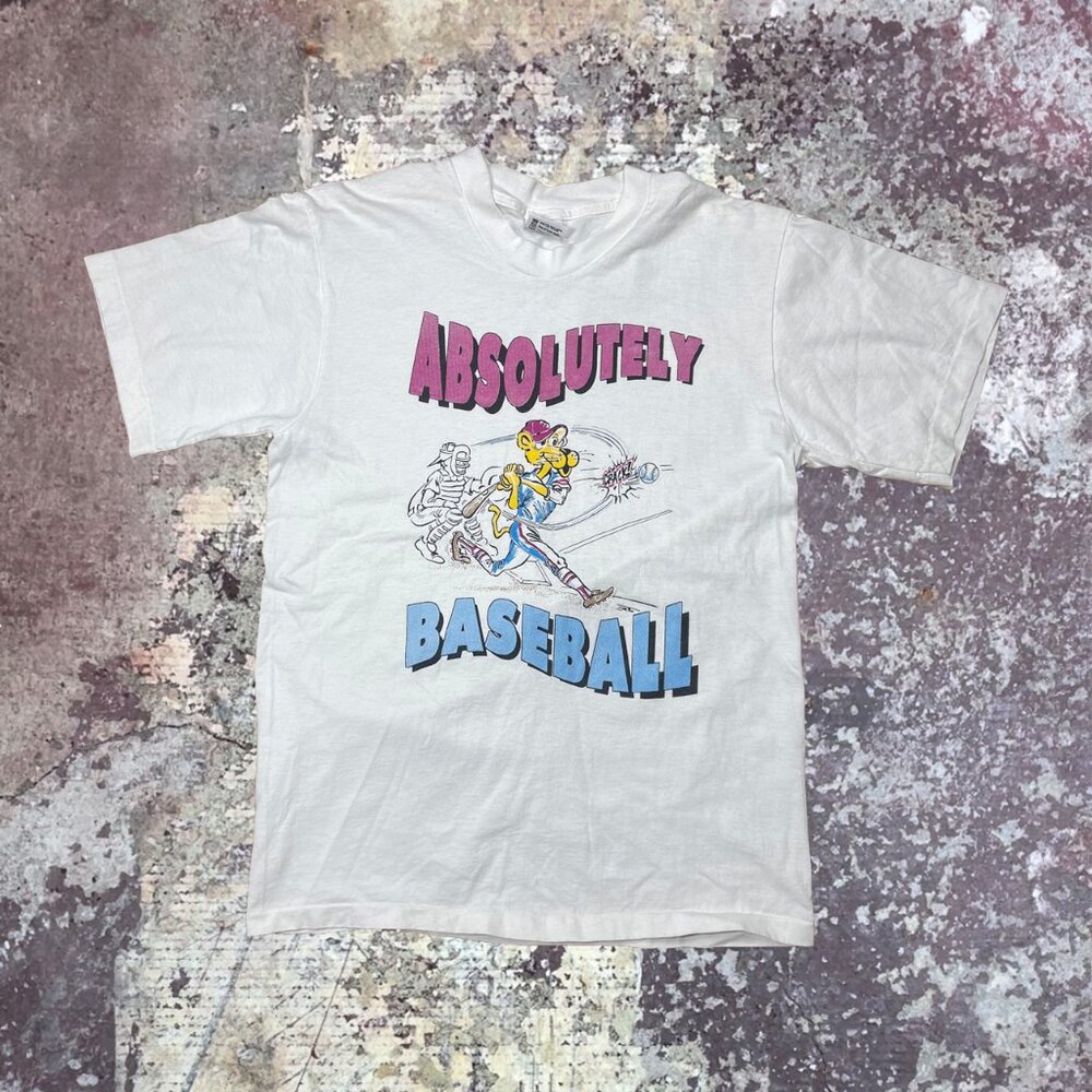 90s Absolutely Baseball Cartoon Tiger Vintage White T-Shirt Anvil Medium
